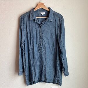 J. JILL Chambray Long Sleeve Popover Collared  Linen Blend Tunic  Large